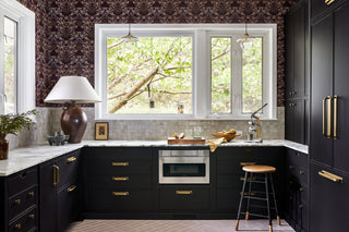 Kitchen with wallpaper and dark painted cabinets - new kitchen design ideas for bold homeowners