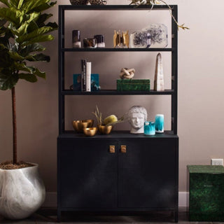 Dark Navy Blue Faux Linen Bookcase with Hutch - Details and Design - Bookcase - Made Goods