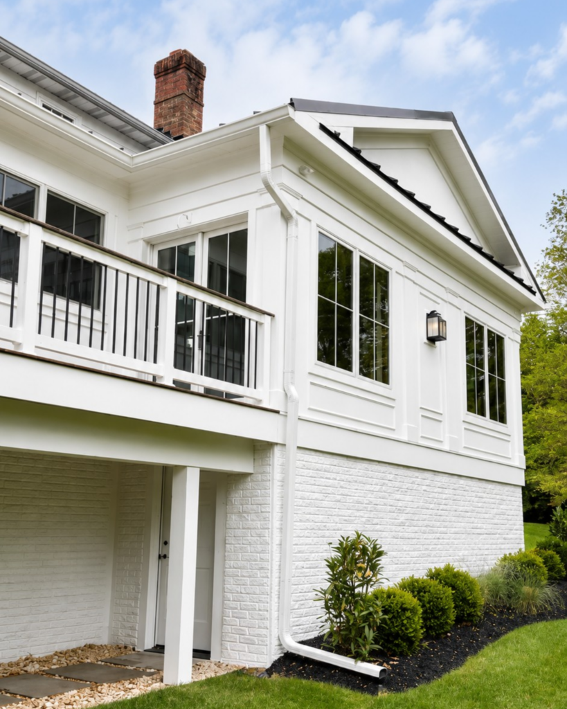 Custom new construction home with detailed exterior architecture and modern trim work, showing when to hire an interior designer for new construction to coordinate design details from the beginning.