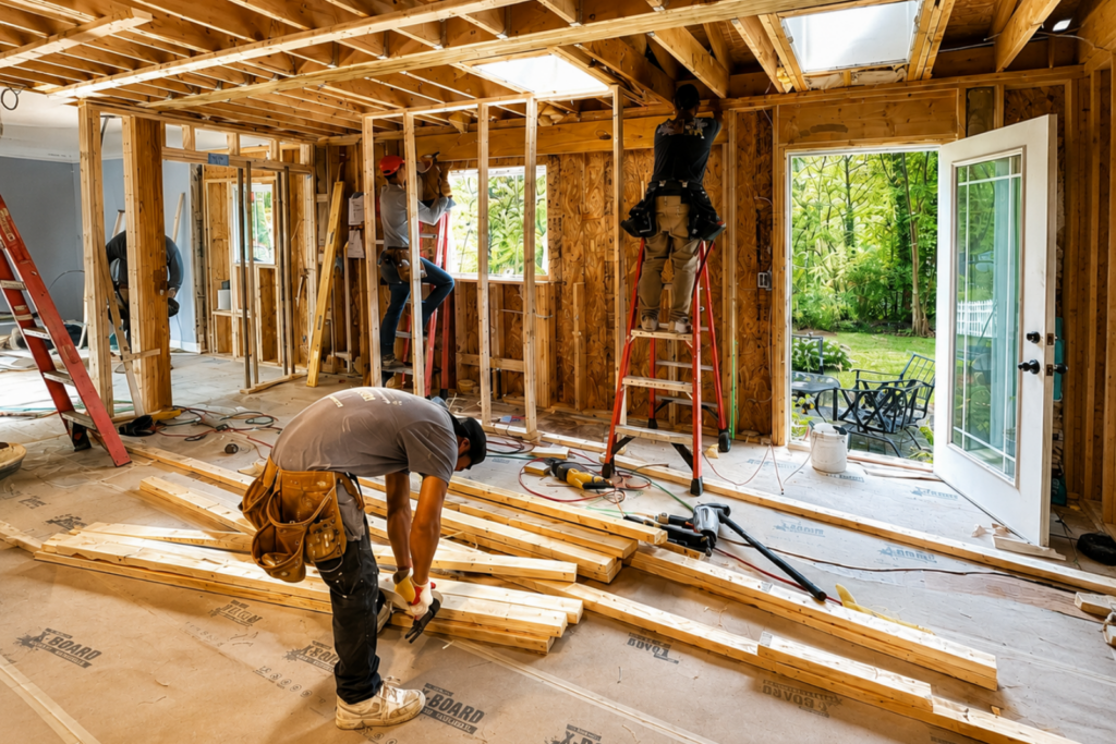 Construction crew working during the framing stage of a custom home, illustrating when to hire an interior designer for new construction before electrical, cabinetry, and layout decisions are locked in.