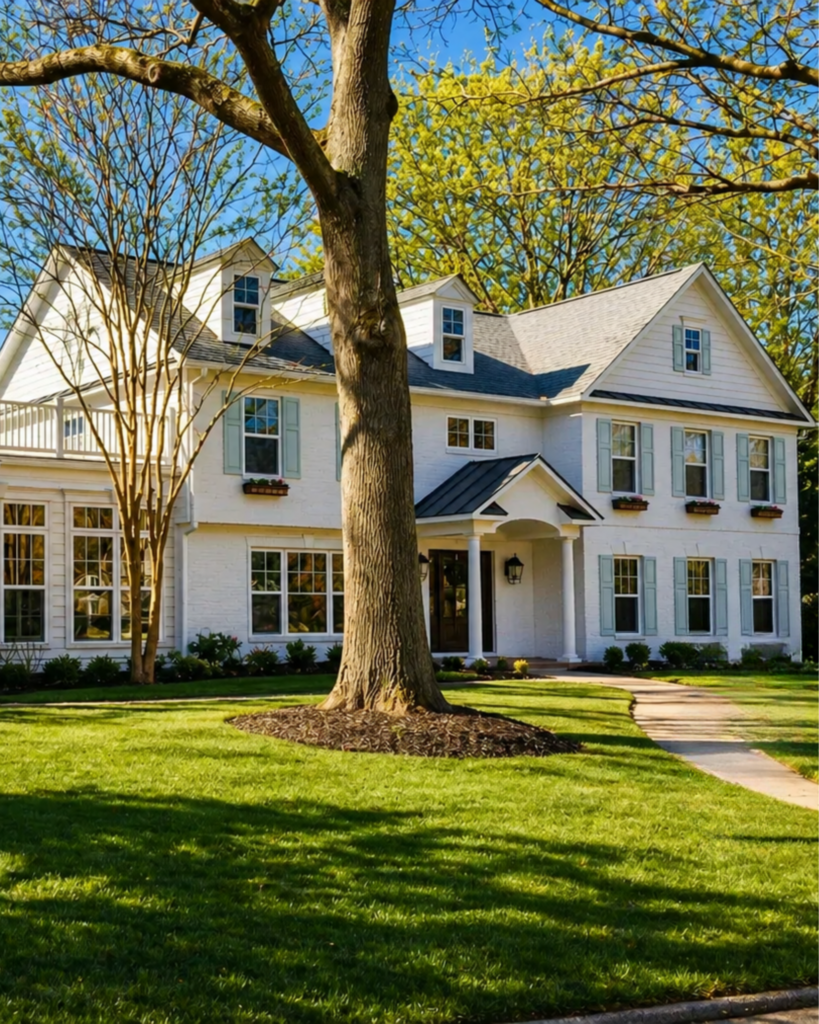 Interior design return on investment for a classic white Colonial-style home with symmetrical windows, shingle roof, manicured lawn, and timeless curb appeal.
