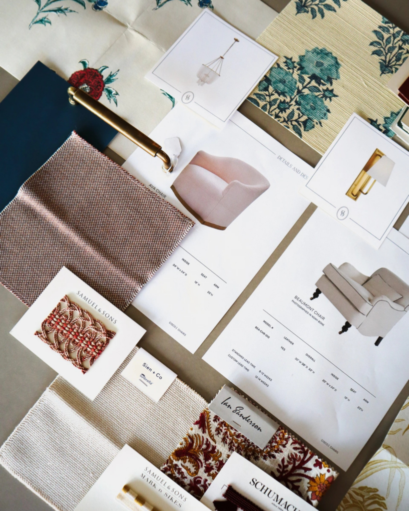 Flat lay of furniture selections, wallpaper, trim, and fabrics illustrating interior design return on investment.