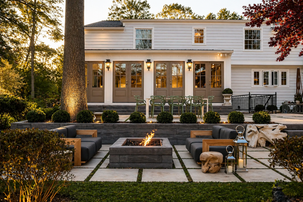 Luxury home exterior with outdoor entertaining space and fire pit, illustrating when to hire an interior designer for new construction to create cohesive indoor-outdoor living and maximize long-term home value.