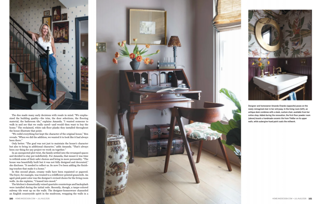 Amanda Chando of Details and Design featured in Home & Design Magazine inside her renovated Severna Park, Maryland home, showcasing luxury interior design, custom home renovation, and timeless interiors.