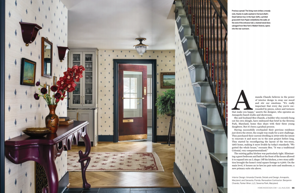 Elegant staircase and entryway designed by Details and Design featuring custom millwork, layered interiors, timeless design, and luxury home renovation inspiration in Maryland.