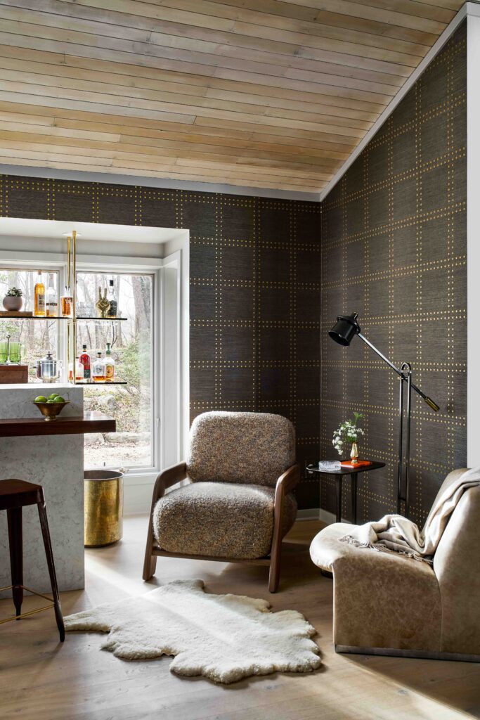 Seating area with fur rug in Annapolis home renovation